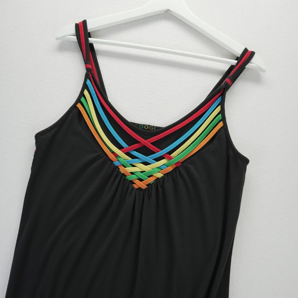 Coogi Womens Y2K Black Rainbow Strappy Neck Bubble Hem Tank Top Large RN 130070
